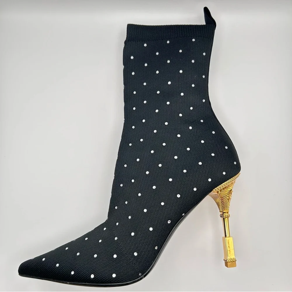 Balmain Black and Gold Moneta Rhinestone Knit Ankle Boots - Picture 11 of 11